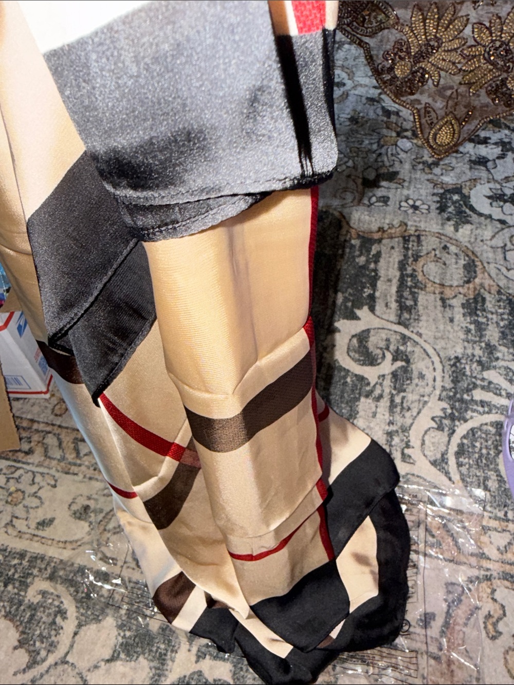 Fashion Silky Beige & Brown Plaid Scarf with Red Accent - Picture 3 of 4